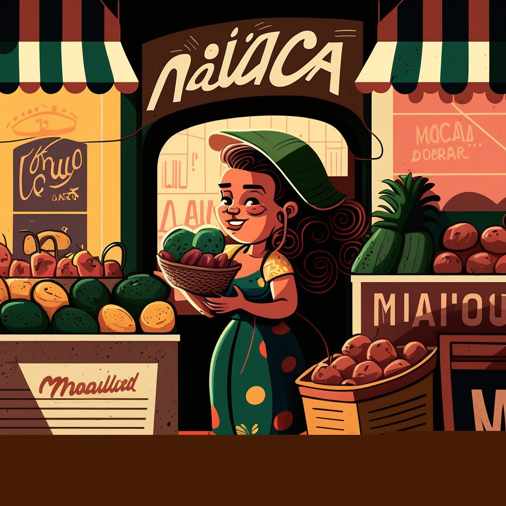 Desenho em cartoon colorido com uma mulher segurando uma bandeja de frutas. Ela está na frente de um mercado de bairro, com frutas em prateleiras expostas do lado de fora do mercadinho.
